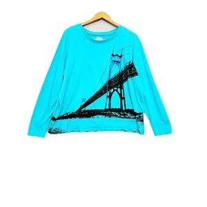 Saturday Market Tee by Sahalie Sz 2X Teal Artsy Bridge Boho Soft Comfy Casual LS